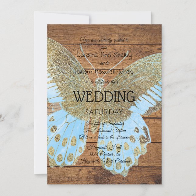 Rustic Guld Glitter Butterfly Wedding bjudande in Inbjudningar (Framsida)