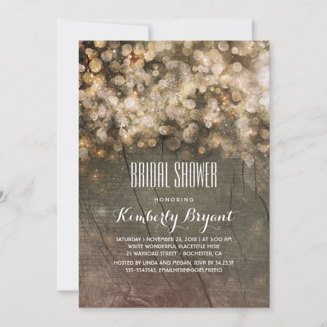 Rustic Guld Glitter Ljus Wood Möhippa Inbjudningar (Framsida)