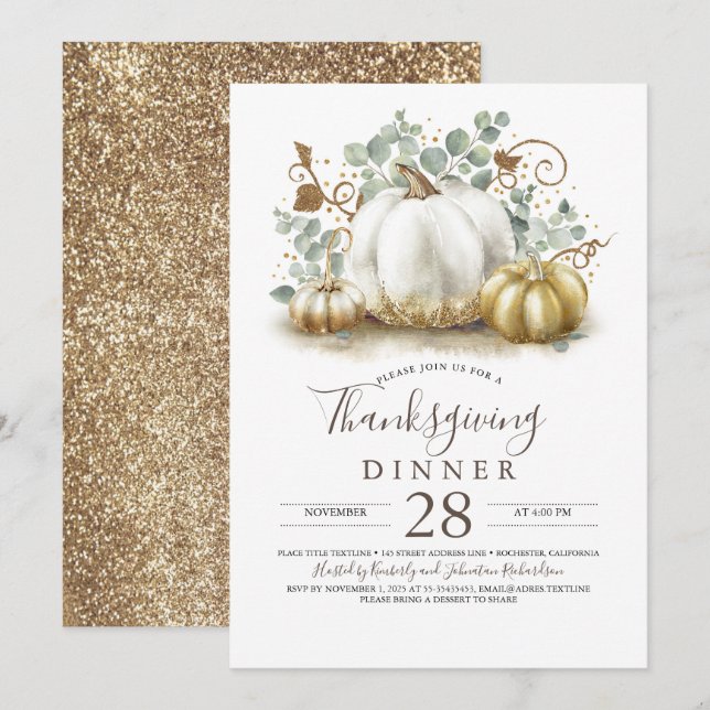 Rustic Guld Glitter Pumpkins Thanksgiving Dinner Inbjudningar (Fram/baksida)