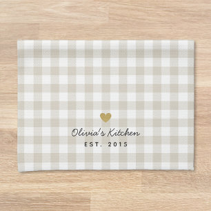 Rustic Guld Heart och Beige Buffalo Check Kökshandduk