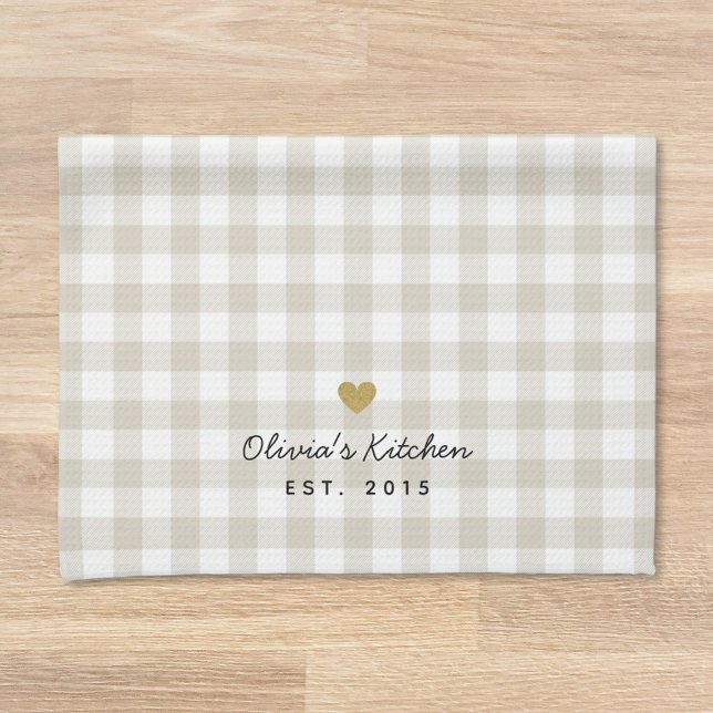 Rustic Guld Heart och Beige Buffalo Check Kökshandduk (Skapare uppladdad)