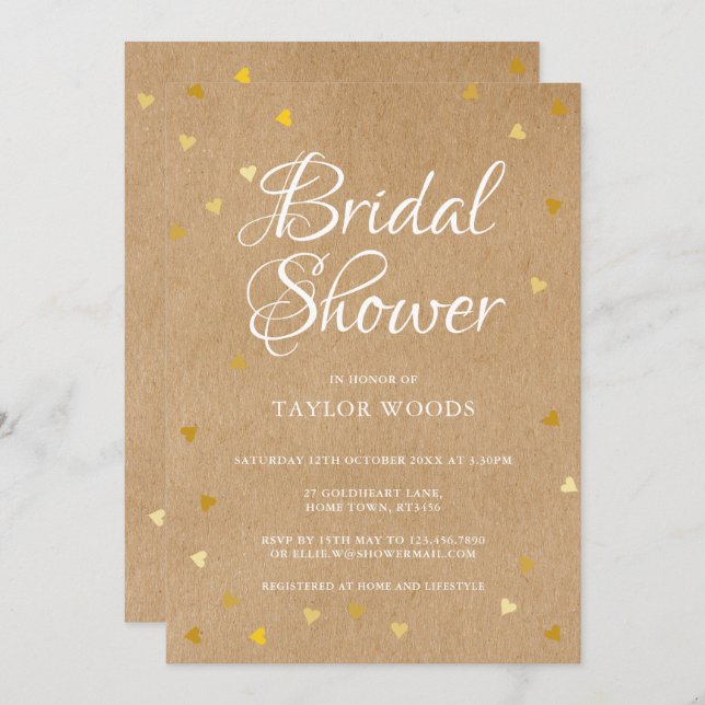 Rustic guld-hjärtan-konetti-möhippa inbjudningar (Fram/baksida)