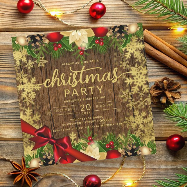 Rustic Guld Holly Berries & Baubles Company Julaft Inbjudningar (Rustic Gold Holly Berries & Baubles Company Xmas Invitation)