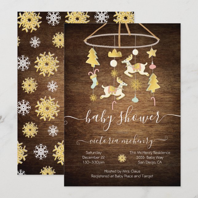 Rustic Guld jul - Helgdag Mobile Baby Shower Inbjudningar (Fram/baksida)
