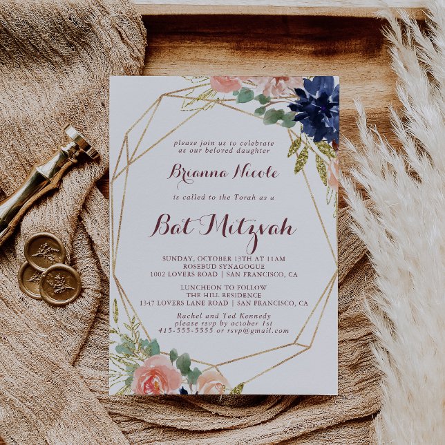Rustic Guld Lämnar kalligrafi Bat mitzvah Inbjudningar (Skapare uppladdad)