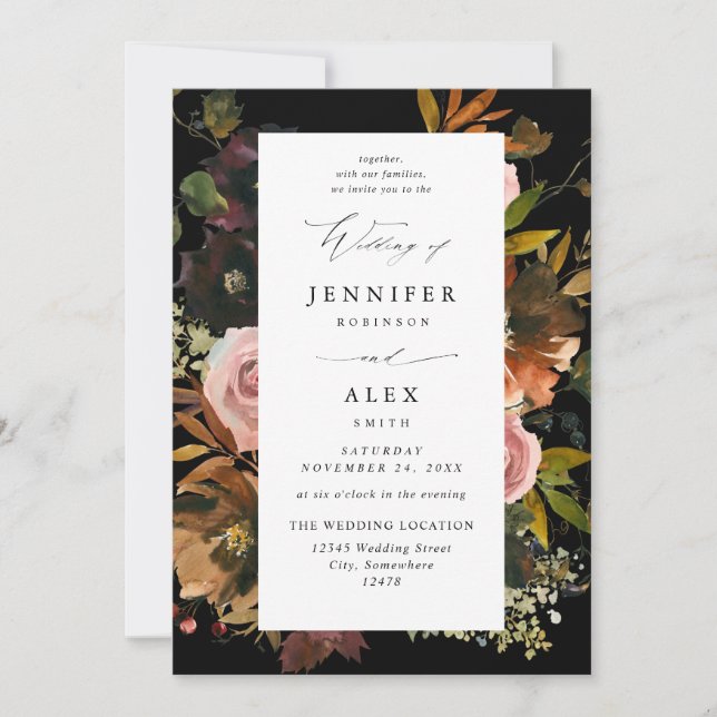 Rustic Guld, Lila och Rosa Blommigt 4-Black Bröllo Inbjudningar (Framsida)