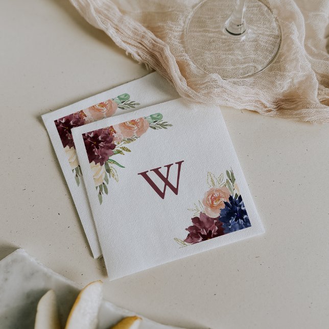 Rustic Guld Löv och Blommigt Monogram Bröllop Pappersservett (Skapare uppladdad)