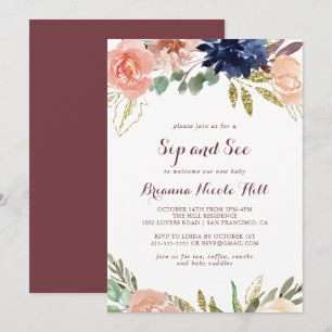 Rustic Guld Lövs Blommigt Calligraphy Sip and See Inbjudningar