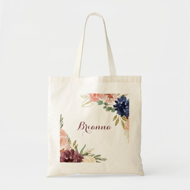 Rustic Guld Lövs Calligraphy Bridesmaid Tote Bag Tygkasse (Framsidan)