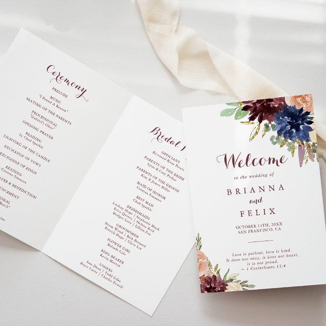 Rustic Guld Lövs Calligraphy Foled Bröllop Program (Skapare uppladdad)