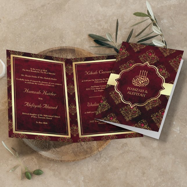 Rustic Guld Maroon Red Damask Muslim Bröllop Inbjudan (Skapare uppladdad)