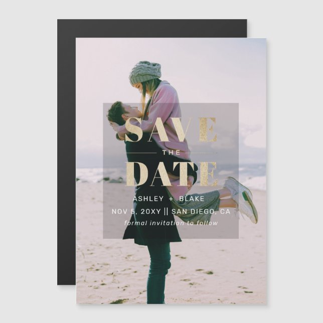 Rustic Guld Modern Minimalist Photo Save Date Magnetisk Inbjudningskort (Fram/baksida)