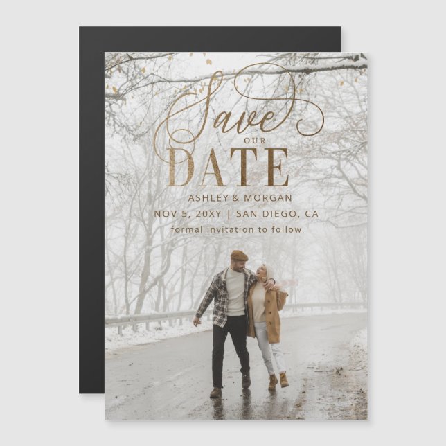 Rustic Guld Modern Minimalist Photo Save Date Magnetisk Inbjudningskort (Fram/baksida)