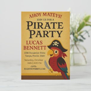 Rustic Guld Nautical Pirat Parrot Birthday Inbjudningar