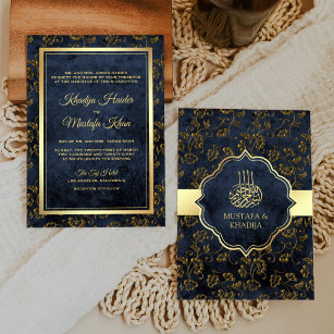 Rustic Guld Navy Blue Filigree Muslim Bröllop Inbjudningar