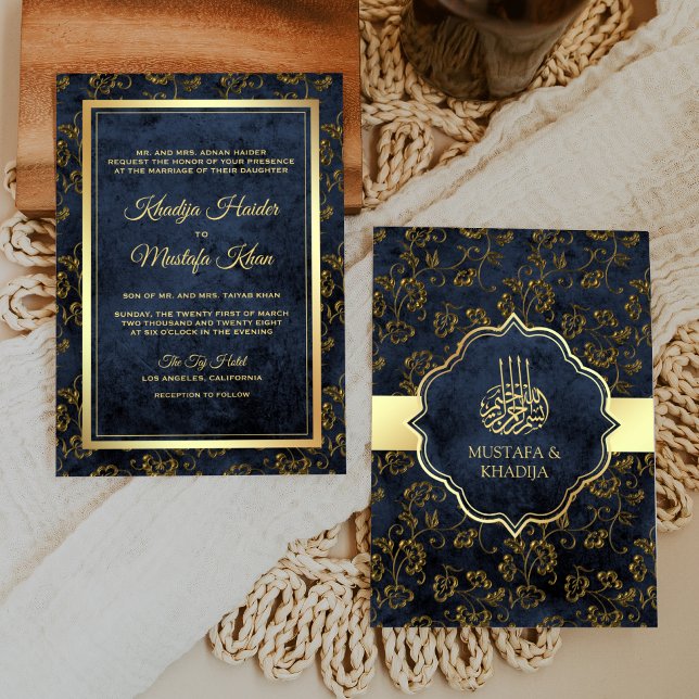 Rustic Guld Navy Blue Filigree Muslim Bröllop Inbjudningar (Skapare uppladdad)