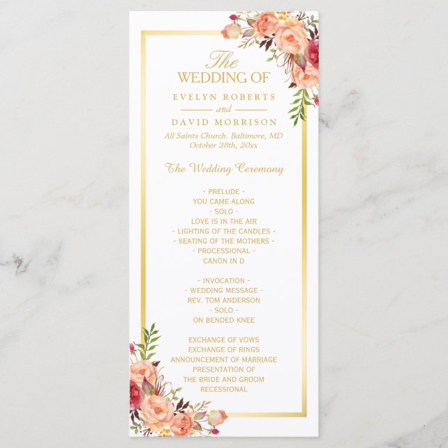 Rustic Guld Orange Blommigt Fall Wedding Program (Framsida)
