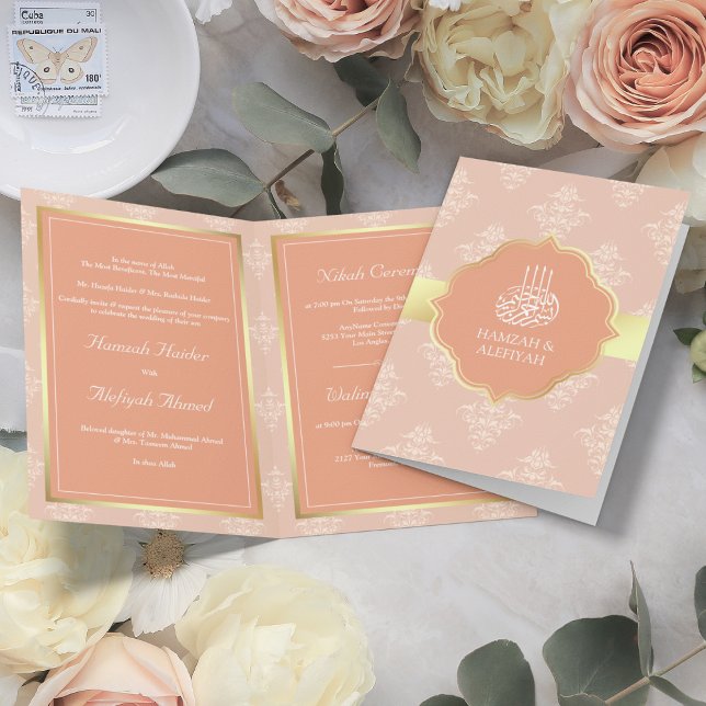Rustic Guld Pastel Peach Damask Muslim Bröllop Inbjudan (Skapare uppladdad)
