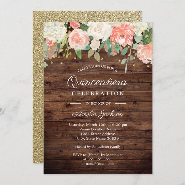 Rustic Guld Peach Blommigt Wood Quinceanera Inbjud Inbjudningar (Fram/baksida)