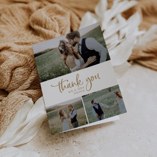 Rustic Guld Script 3 Photo Collage Foled Bröllop Tack Kort
