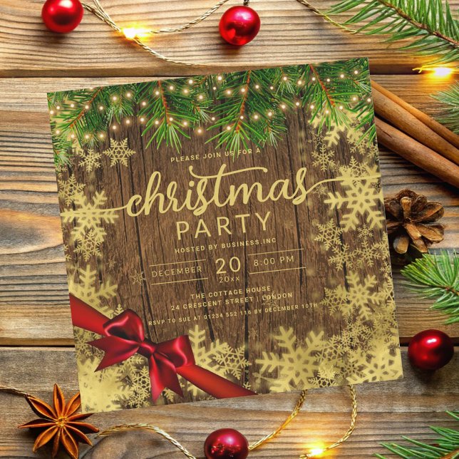 Rustic Guld Snö & Gräs Ljus Company Julafton Ribbo Inbjudningar (Rustic Gold Snow & Pine Lights Company Xmas Ribbon Invitation)