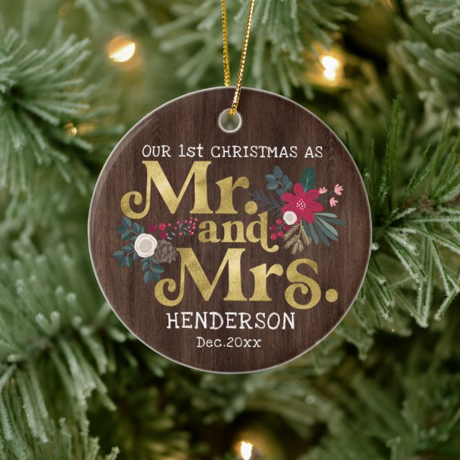 Rustic guld typography 1st christmas M. och Mrs. Julgransprydnad Keramik (Träd)