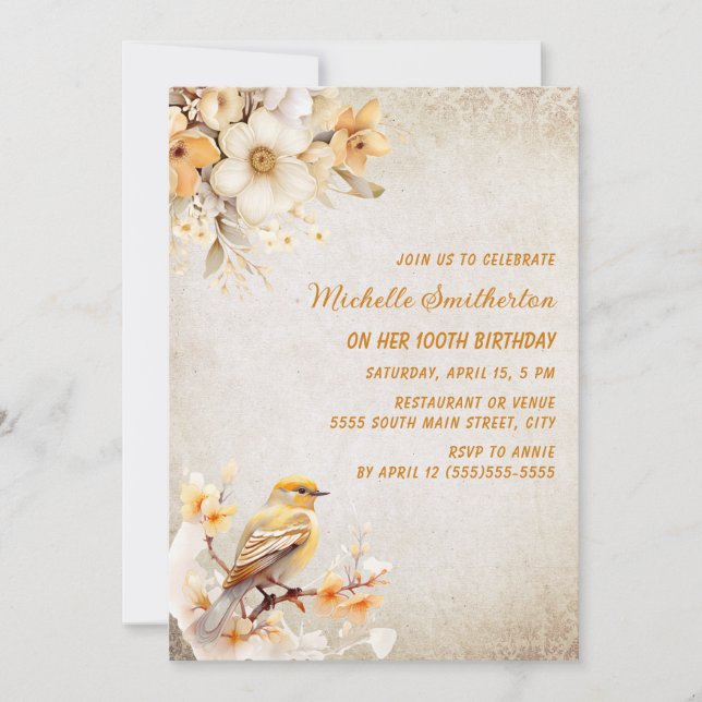 Rustic Gult Bird White Flowers 100 Birthday Inbjudningar (Framsida)