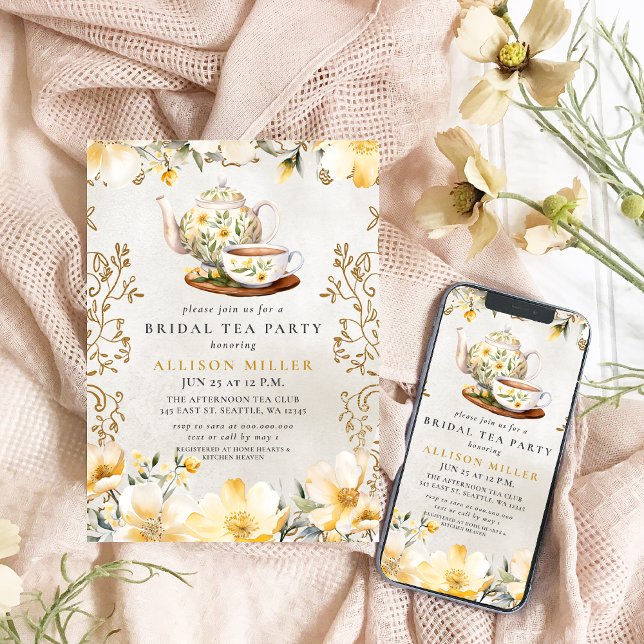Rustic Gult Blommigt Tea Party Möhippa Inbjudningar (Rustic Yellow Floral Tea Party Bridal Shower Invitation)