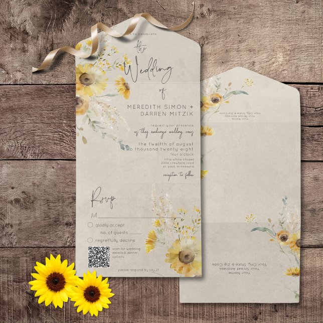 Rustic Gult & Brown Summer Solros QR-kod (Rustic Yellow & Brown Summer Sunflower All In One Wedding Invitation with QR Code)