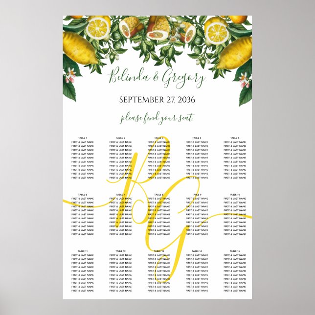 Rustic Gult Lemon Greenery Bröllop Sittdiagram Poster (Framsidan)