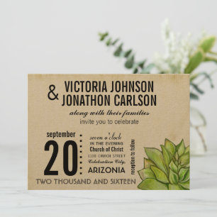 Rustic Gult Lime Succulent Typography Bröllop Inbjudningar