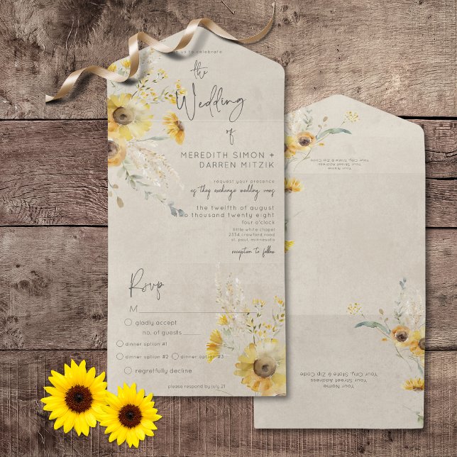 Rustic Gult och Brown sommarsolrosolja (Rustic Yellow & Brown Summer Sunflower All In One Wedding Invitation with Dinner Options)