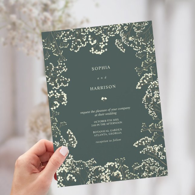 Rustic Gypsophila Peacock Grönt Fall Wedding Inbjudningar (Skapare uppladdad)