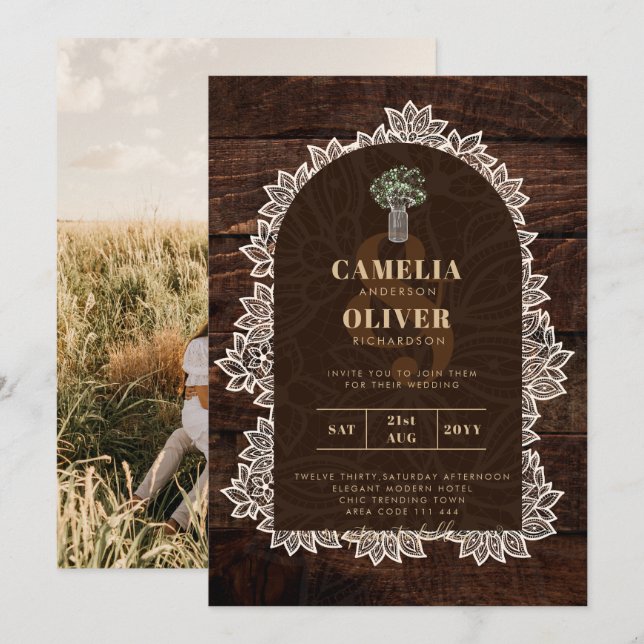 Rustic Gypsophila Snöre PHOTO WEDDING INVICATION Inbjudningar (Fram/baksida)