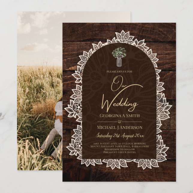 Rustic Gypsophila Snöre PHOTO WEDDING INVICATION Inbjudningar (Fram/baksida)