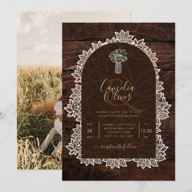 Rustic Gypsophila Snöre PHOTO WEDDING INVICATION Inbjudningar (Fram/baksida)