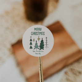 Rustic Hand Painted Green Abstract Christmas Trees Runt Klistermärke