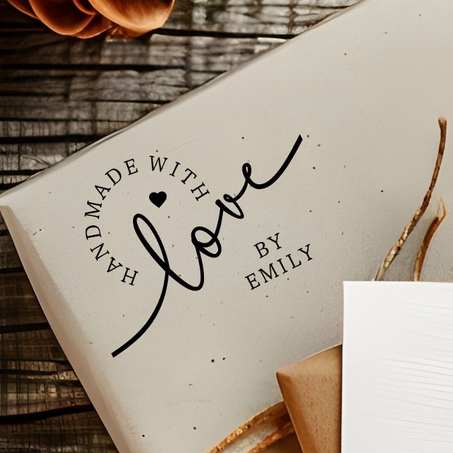 Rustic Handmade with Love Script Heart Baked Goods Självfärgande Stämpel (Skapare uppladdad)
