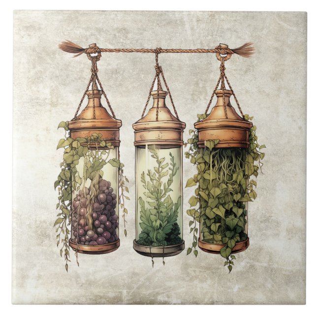 Rustic Hanging Herbs Grapes Watercolors Kakelplatta (Framsidan)
