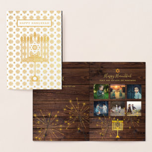 Rustic Hanukkah Photo Collage Real Gold Foil Folierat Kort