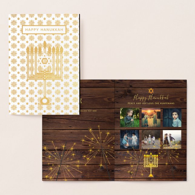 Rustic Hanukkah Photo Collage Real Gold Foil Folierat Kort (Display)