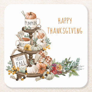 Rustic Happy thanksgiving Pumpkins Autumn Underlägg Papper Kvadrat