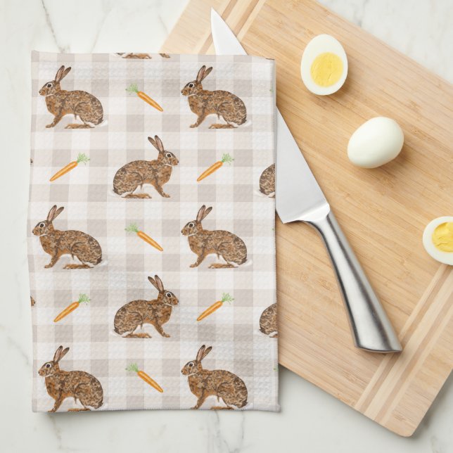 Rustic Hare And Carrot Pattern Beige Farmhouse Kökshandduk (Vikt i Fjärdedel)