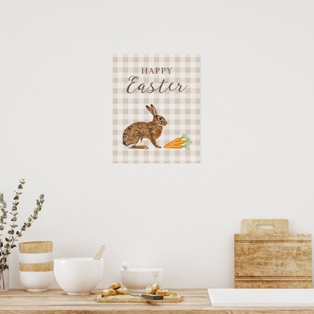 Rustic Hare And Carrots Happy Easter Beige Gingham Poster (Kök)