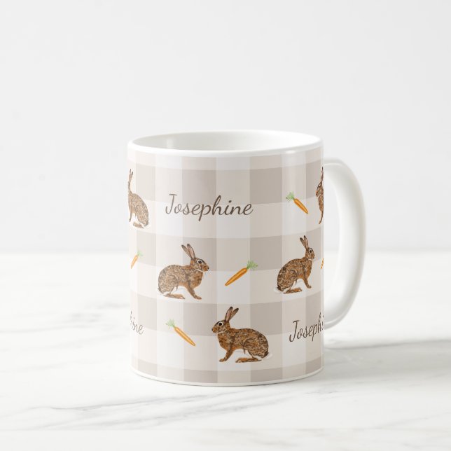 Rustic Hare And Carrots With Name Beige Gingham Kaffemugg (Framsida höger)