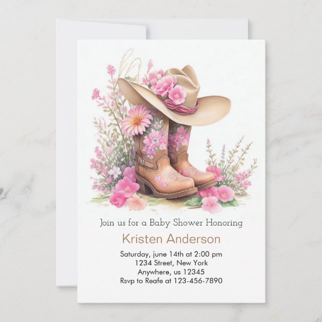 Rustic Hat och Boots Cowgirl Baby Shower Inbjudningar (Framsida)