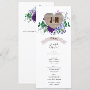 Rustic Heart Bröllop Menu Blue Watercolor Flowers Inbjudningar
