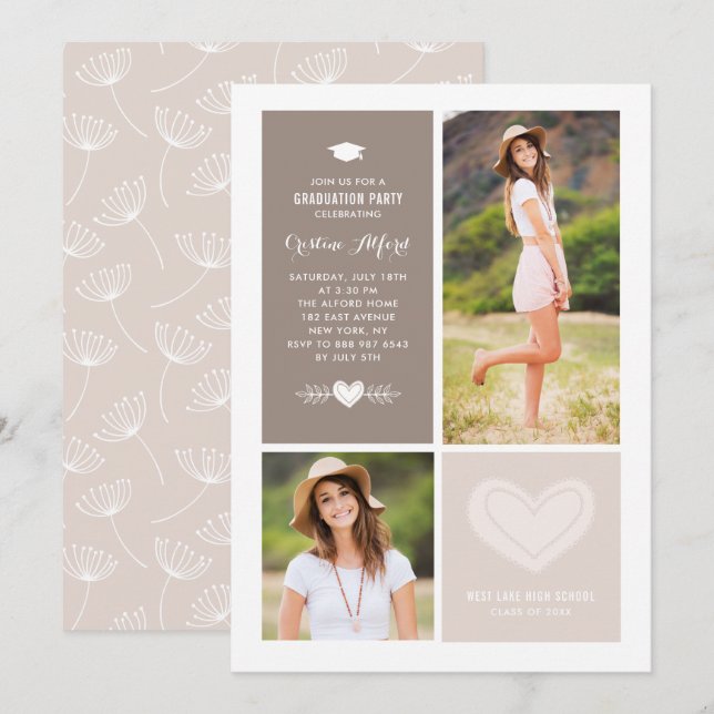 Rustic Heart Doodles Photo Collage Studenten Inbjudningar (Fram/baksida)