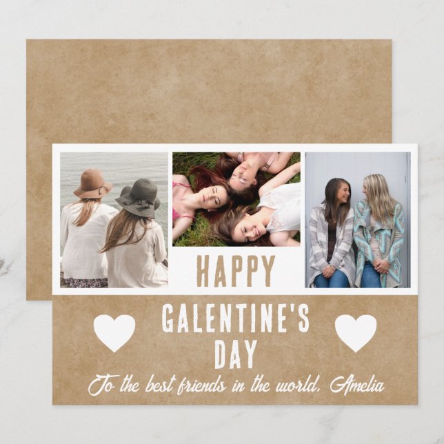 Rustic Heart Galentine's Day Vänner 3 Foto Julkort (Fram/baksida)