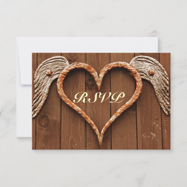 Rustic Heart med Vingar Wood Bröllop OSA Card Kort (Framsida)